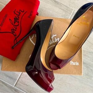 Christian Louboutin Two-Tone Burgundy and Black Patent Peep-Toe Pumps